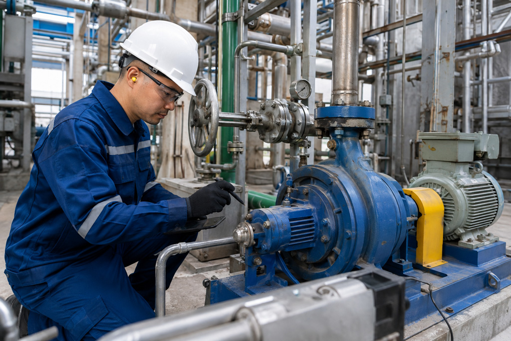 Especialista inspeccionando una bomba industrial en planta